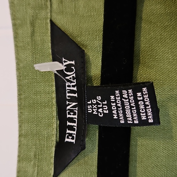 Ellen Tracy womens Large Green Flax Top Blouse 100% Linen Rolled Tab Sleeve - Picture 3 of 6